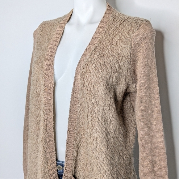 Anthro Sleeping On Snow tan cream cotton wool blend open cardigan sweater S - Picture 2 of 11